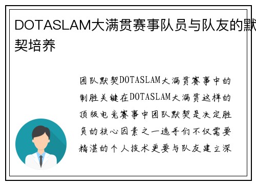 DOTASLAM大满贯赛事队员与队友的默契培养