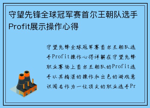 守望先锋全球冠军赛首尔王朝队选手Profit展示操作心得